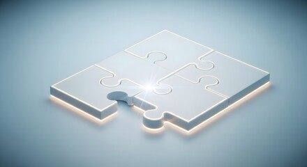 Abstract 3D illustration of four white puzzle pieces assembling, with one piece missing and a glowing light highlighting the connection point, representing business strategy or sol