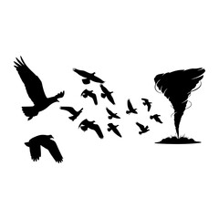 Obraz premium Flock of Birds Flying Away from a Tornado Silhouette