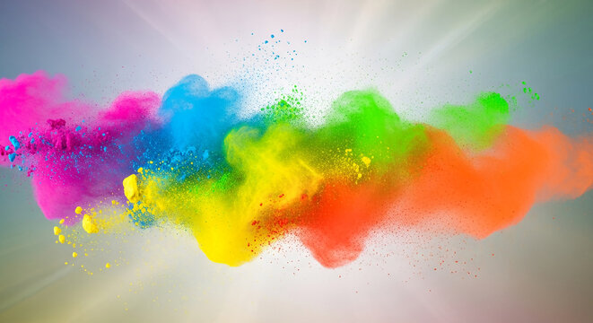 Explosion of colorful powder, including pink, blue, yellow, green, and orange, against a light backdrop, representing energy, vibrancy, and celebration