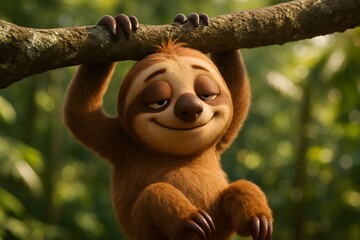 Naklejka premium Cute 3D Cartoon Sloth on a Hyper-Realistic Tree