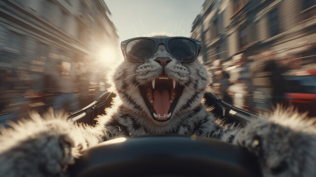 Cool sunglasses-wearing cat joyfully driving through city streets at sunset in charming scene