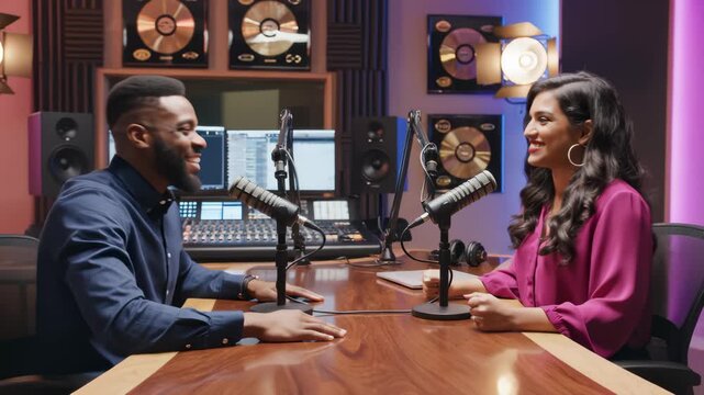 Two Podcasters High Five in Sound Studio Booth With Microphones