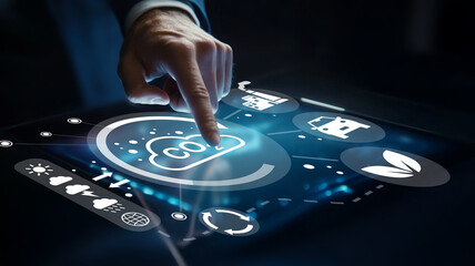 Innovative Touchscreen Interface at Night Showcasing Environmental Icons for Sustainable Development and Smart Technology Solutions