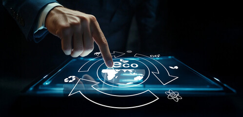 Futuristic Businessman Interacting with Digital Eco-Friendly Interface Showcasing Global Sustainability and Technology Integration