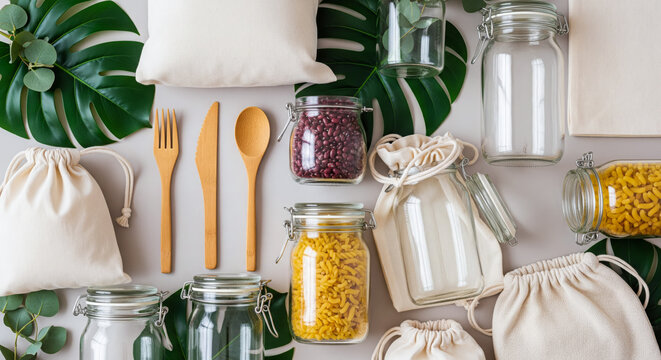 Eco friendly storage solutions featuring dry foods jars and reusable cloth bags