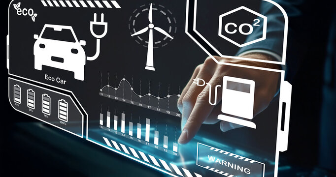 Eco-Friendly Technology Interface Featuring Electric Cars, Renewable Energy Icons, and Carbon Emission Graphs for Sustainable Future Concepts