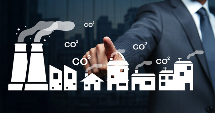 Businessman presenting carbon emissions symbols alongside buildings and factories with smoke, indicating environmental concerns and urban development challenges
