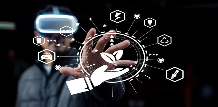 Futuristic technology concept with virtual reality experience showcasing environmental sustainability and innovation through digital interfaces and icons