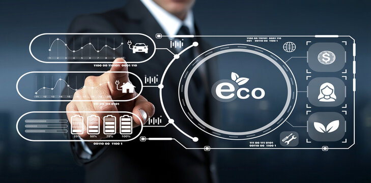 Businessman Interacting with Digital Eco-Friendly Interface Featuring Icons Representing Sustainability, Technology, and Clean Energy Solutions