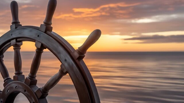 Close-up of a ship's wooden helm against a sunset over the ocean