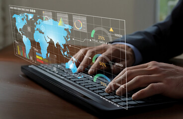 Business professional using futuristic holographic interface to analyze global data and statistics while typing on a laptop with business charts in the background