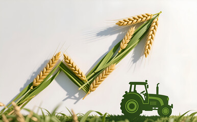 Wheat field arrow up with tractor, suited for agriculture growth. Highlights crop yield increase and farming success.