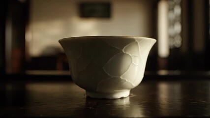 Ceramic teacup on dark wooden table in traditional setting. - Powered by Adobe
