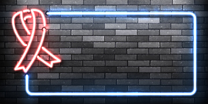 Vector neon frame with a red ribbon for AIDS december awareness month day isolated on the wall background.