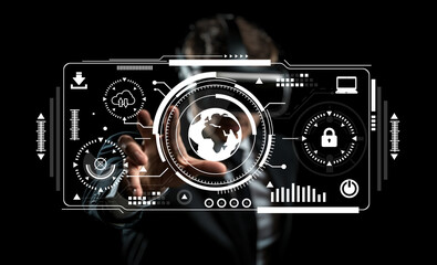 Futuristic Digital Interface Displayed by Business Professional Engaging in Technology and Connectivity with Global Reach and Security Elements