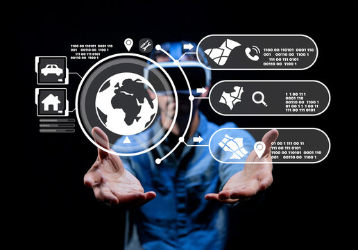 Abstract Representation of Digital Technology, Data Sharing, and Global Connectivity with Hands Reaching Towards 3D Globe and Icons on Black Background - Powered by Adobe