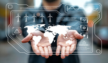 Futuristic Concept of Data Analysis with Hands Holding Digital World Map and Renewable Energy Icons in Urban Setting