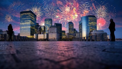 Two silhouettes observe colorful fireworks exploding above a modern city skyline at dusk.