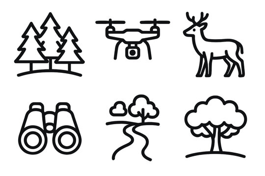 Forest Drone Icons. Wildlife Aerials linear icon set: forest, flying drone, animals, binoculars, trail, canopy.