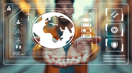 Modern Technology Interface Displaying Global Connectivity and Innovative Solutions in an Urban Environment with Blurred Background