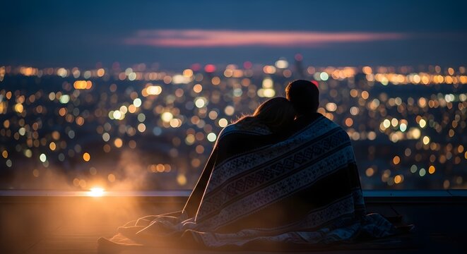 Couple embracing on rooftop overlooking blurry city lights at dusk