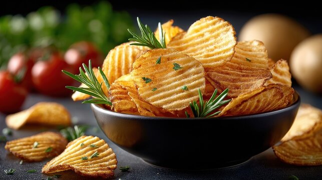 Crispy potato chips in black bowl with fresh rosemary and tomatoes - Powered by Adobe