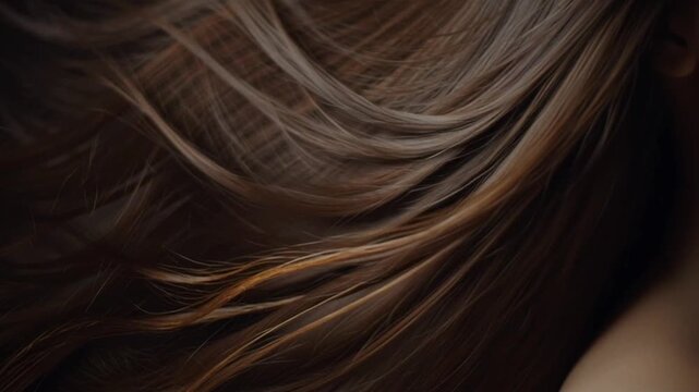 Silky brown hair flowing in soft elegant motion, detailed close up texture of smooth glossy strands illuminated with warm highlights, beauty hairstyle concept for salon care shine nourishment grooming