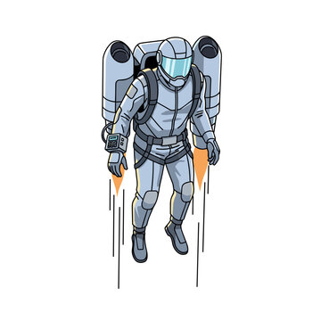 Futuristic astronaut flying with personal jetpack in urban setting  