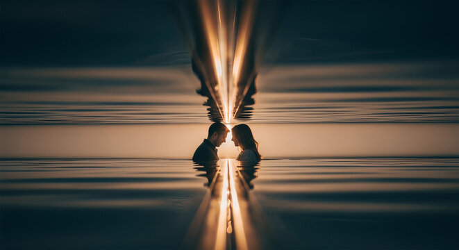 Intimate silhouette of a loving couple reflected in dark water at sunset, featuring dramatic golden light and symmetrical composition.