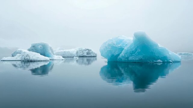 Majestic blue icebergs floating on calm reflective Arctic water under a soft misty sky, creating a serene frozen landscape with crisp natural beauty