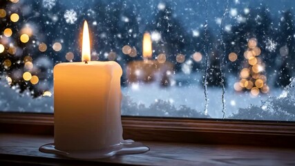 A lit candle on a windowsill with snowfall and festive lights outside - Powered by Adobe