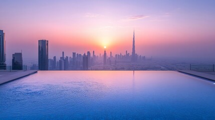 Fototapeta premium Rooftop infinity pool overlooking Dubai skyline at sunrise