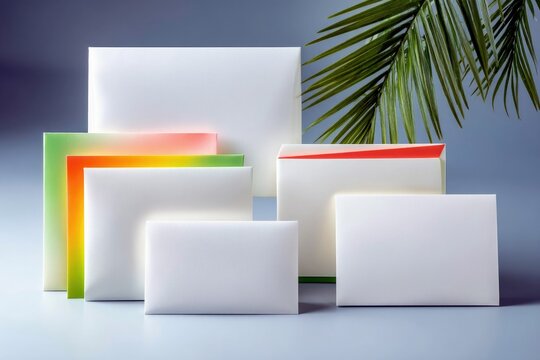 A still life arrangement of various white envelopes and paper sheets with vibrant gradient edges, complemented by a tropical palm leaf.