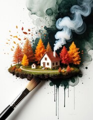 Creative depiction of a charming house with autumn foliage and smoke amidst a paintbrush effect