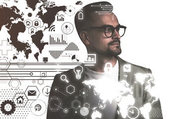 Businessman on white background, multiple exposure with world map and different symbols. Future technologies in business