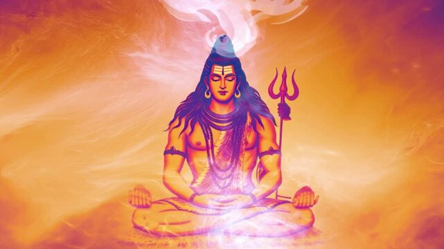 Lord Shiva meditation animation with glowing divine aura and radiant cosmic energy behind serene yogic posture, vibrant Hindu spiritual artwork showing peaceful deity in luminous orange light, spiritu