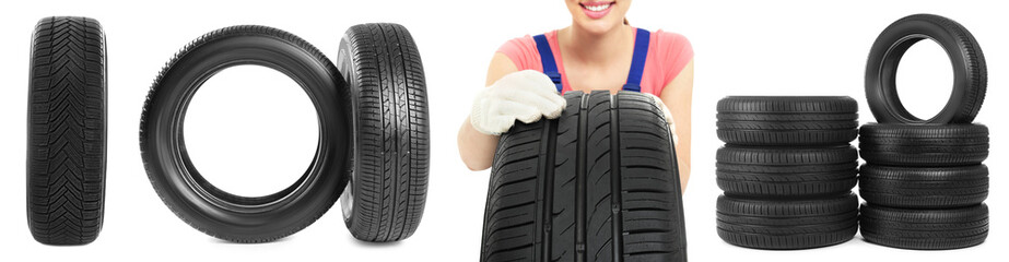 Tire service worker and tires isolated on white, collage © New Africa