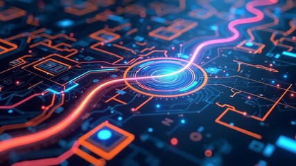 Abstract digital circuit board with illuminated neon lines and data pathways, symbolizing modern technology, innovation, AI, and high-speed digital communication. - Powered by Adobe