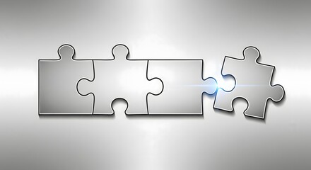 Four silver puzzle pieces connecting on a gray metallic background, symbolizing solution, strategy, and partnership completion.