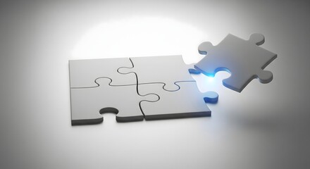 Final piece of a gray 3D jigsaw puzzle glowing blue, floating into place to complete the set of five pieces, symbolizing solution, completion, and success.
