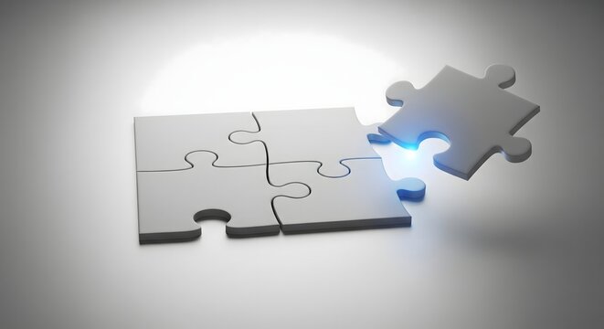 Final piece of a gray 3D jigsaw puzzle glowing blue, floating into place to complete the set of five pieces, symbolizing solution, completion, and success.