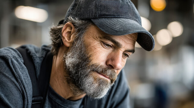 Thoughtful man with beard and cap in industrial workshop setting observing carefully and deeply in concentrated moment, worker face