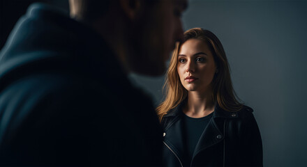 Obraz premium Young woman in a black leather jacket looking intently at a man in the foreground, creating a dramatic atmosphere of tension, conflict, or serious conversation.