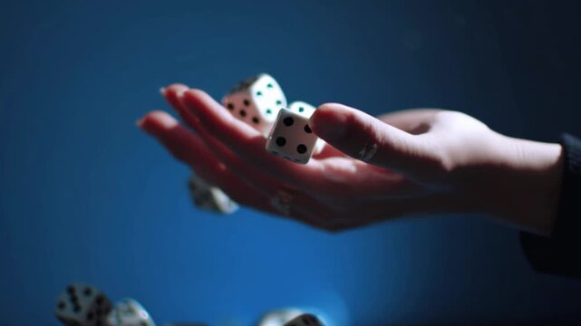 Hand tossing multiple dice in mid air against dark blue background symbolizing risk luck and chance, dramatic gambling concept with falling cubes captured in motion, decision making metaphor for uncer - Powered by Adobe