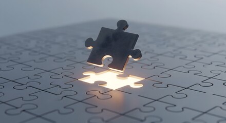 Abstract dark puzzle piece floating above a glowing gap in a gray puzzle grid, symbolizing solution, completion, and business strategy.