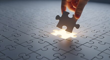 Hand placing the final glowing jigsaw puzzle piece into a pattern, representing the successful completion of a strategy or problem solving concept