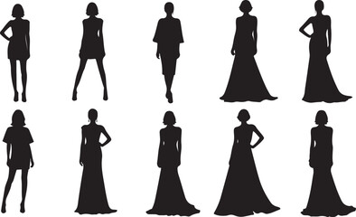 Collection of female fashion silhouettes in various elegant dresses woman