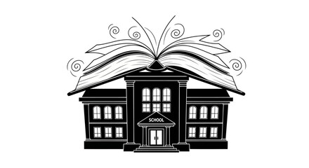 School building with open book on top concept of education and knowledge academy university college institution learning center