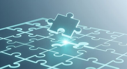 The final puzzle piece descends into the glowing grid, representing a complete business solution or strategy.