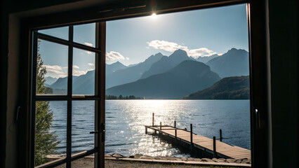 view of lake and mountains and dock sunny through the silhouette of a window
